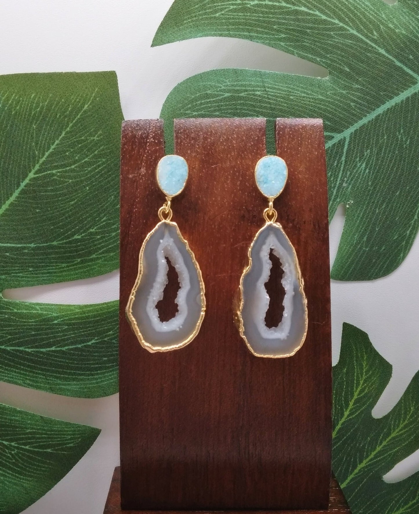 White Agate Slice and Blue Sugar Druzy Drop Earrings - Violet Elizabeth - Jewellery