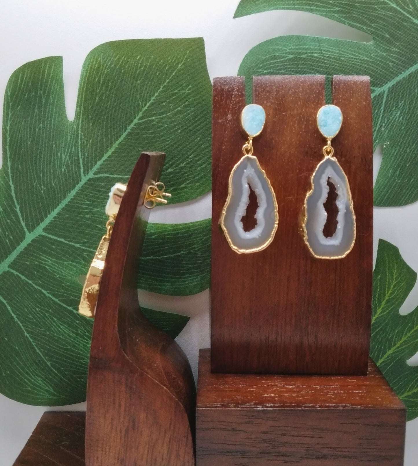 White Agate Slice and Blue Sugar Druzy Drop Earrings - Violet Elizabeth - Jewellery