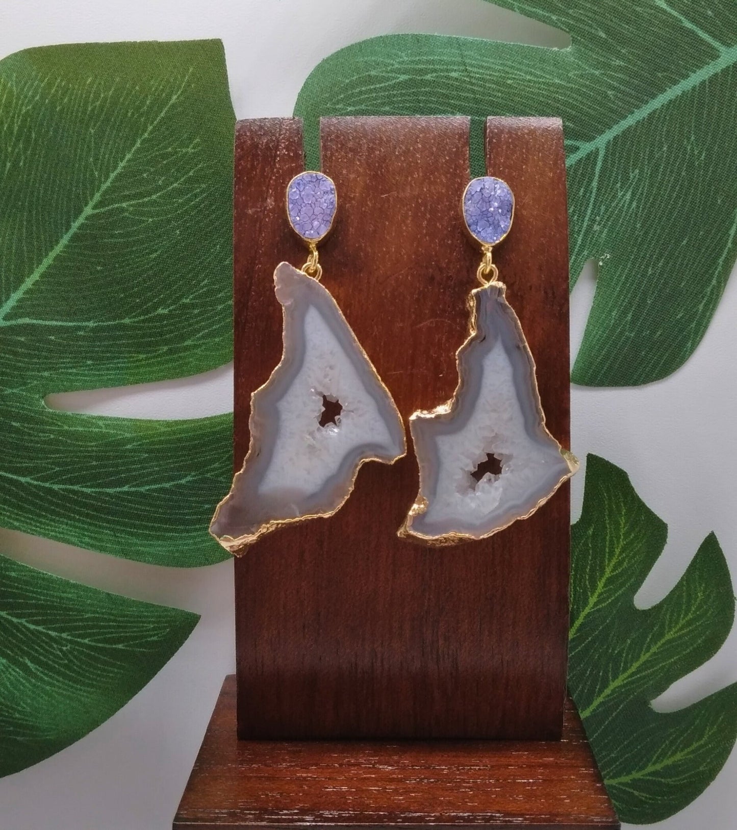 White Agate Slice and Purple Sugar Druzy Drop Earrings - Violet Elizabeth - Jewellery