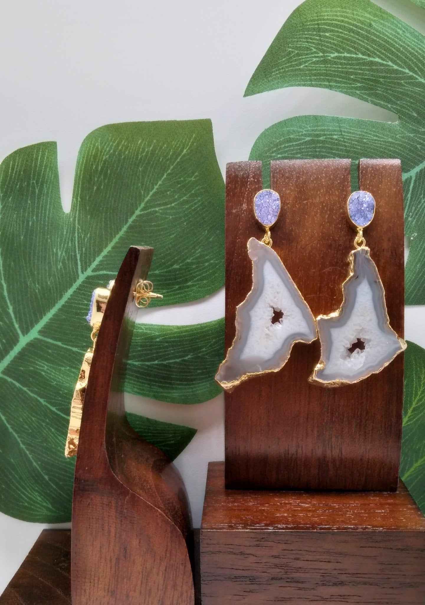 White Agate Slice and Purple Sugar Druzy Drop Earrings - Violet Elizabeth - Jewellery