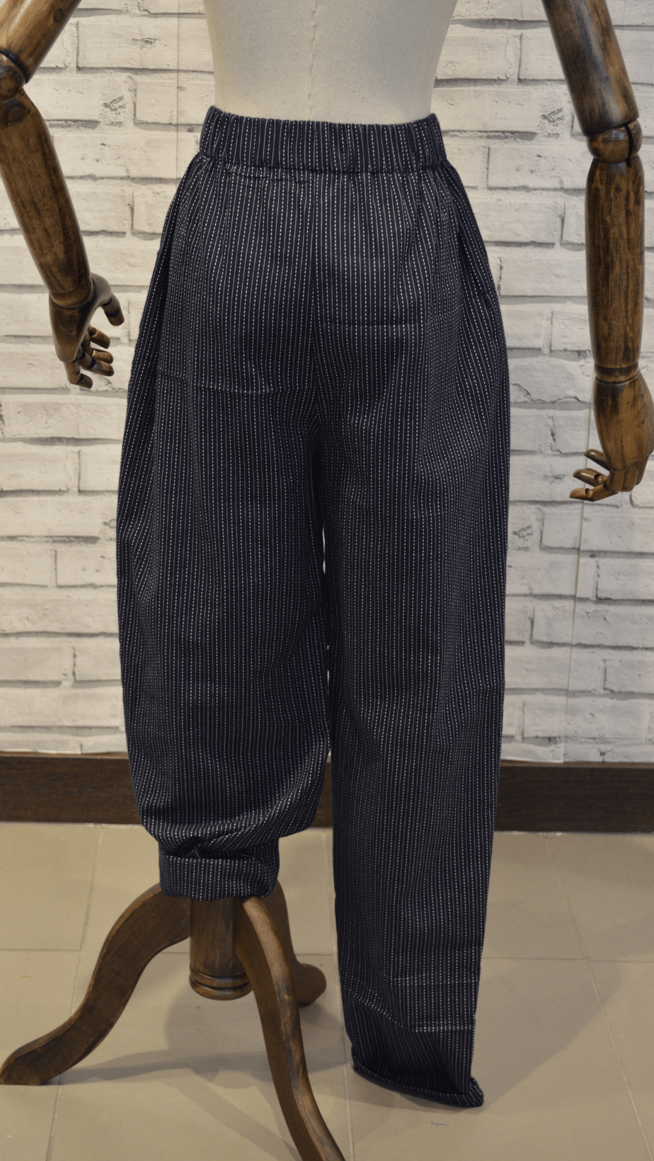 Elasticated cotton trousers - navy blue striped - Violet Elizabeth - Clothing