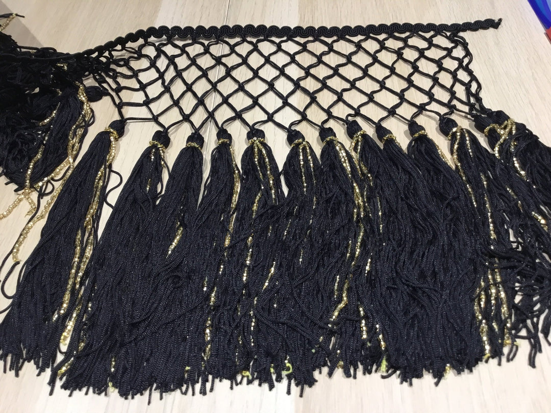 26cm knotted Fringe black with gold beading - Violet Elizabeth - Haberdashery