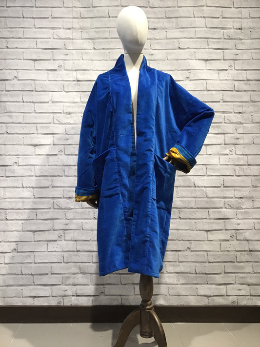 Swallows flying south Long Blue Velvet Coat - Violet Elizabeth