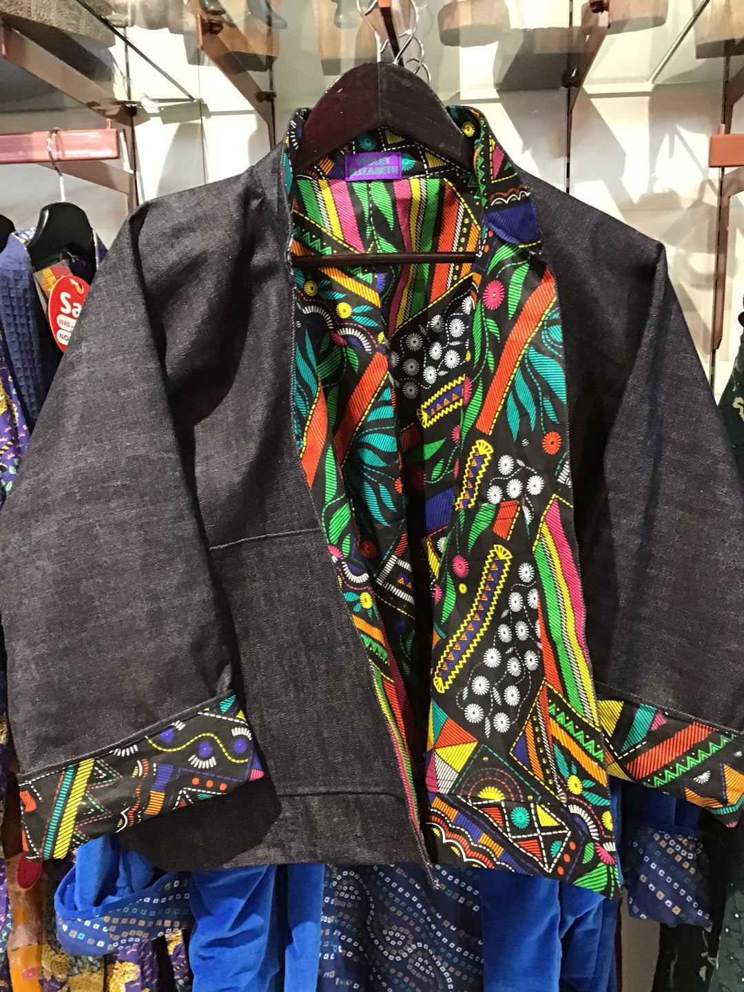 Marquise Spirit: Denim And African Wax Print Reversible Jacket - Violet Elizabeth