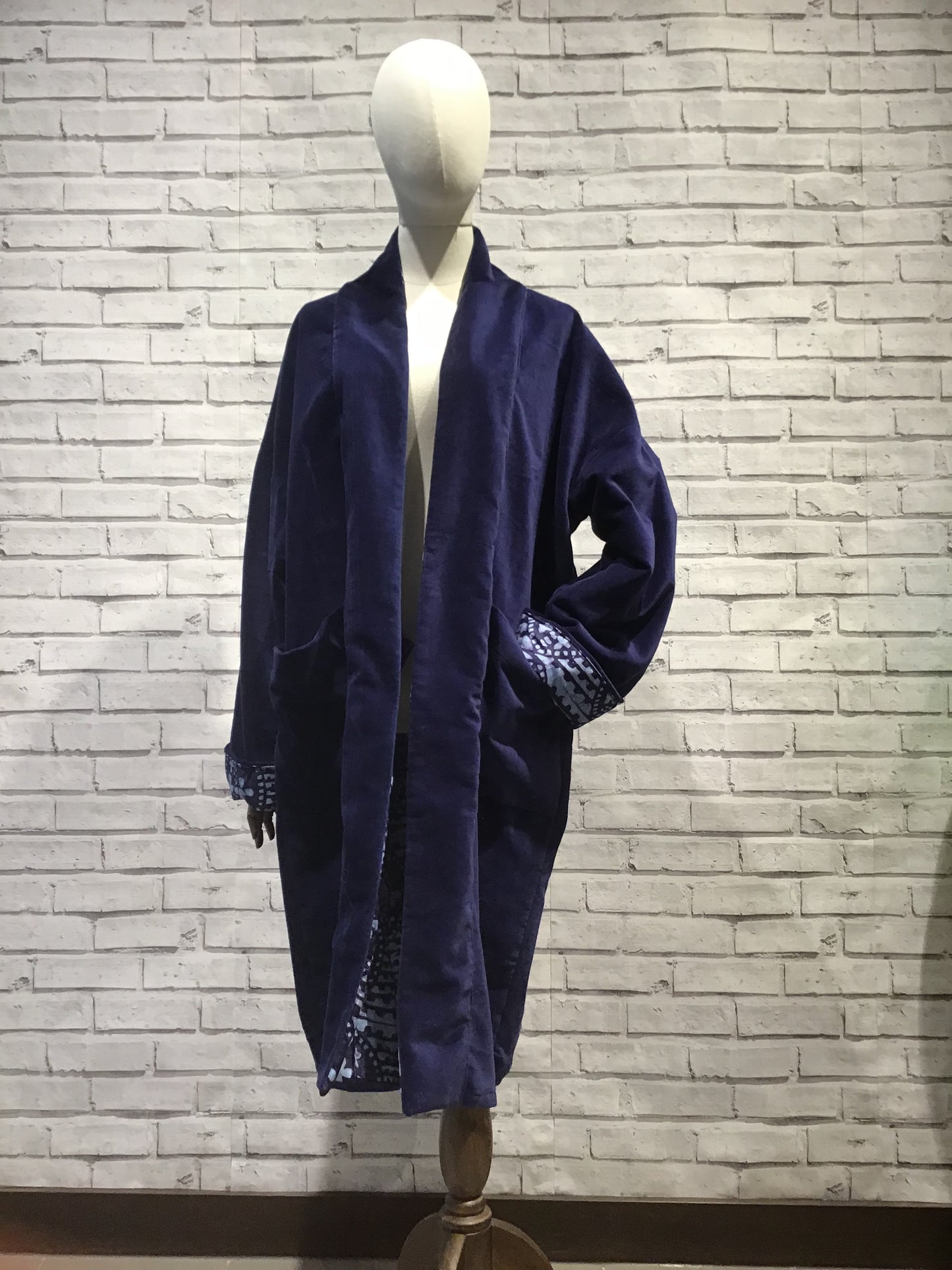 Midnight Blue Velvet coat long in rare batik - Violet Elizabeth