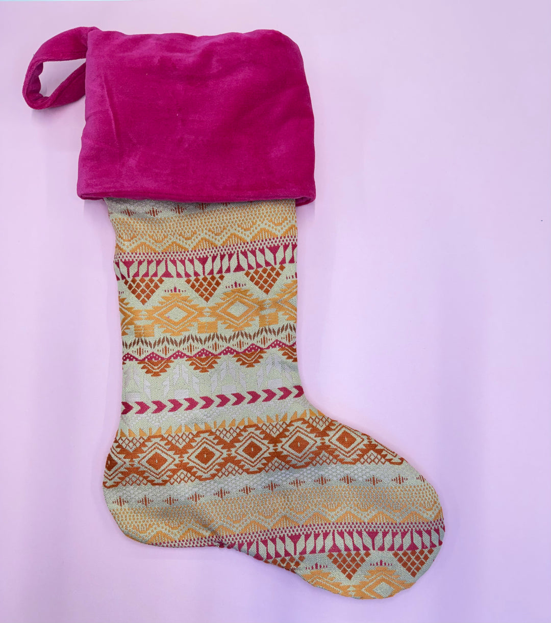 Aztec Treasure Pink and Gold Handloom Handmade Christmas Stocking