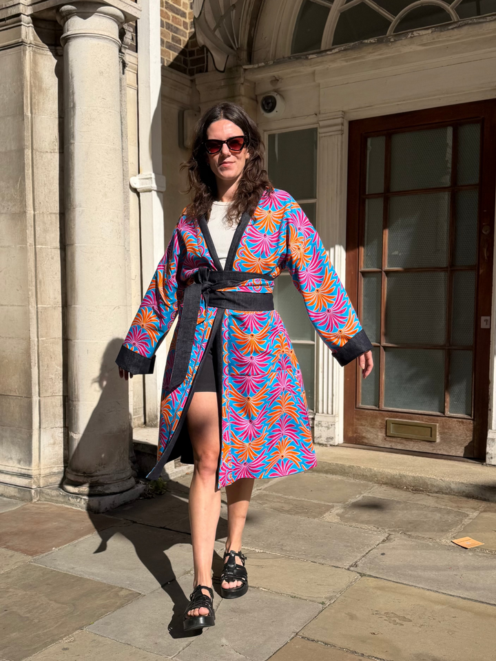 Hotel Tropicana Reversible Denim Coat featuring an Obi Belt