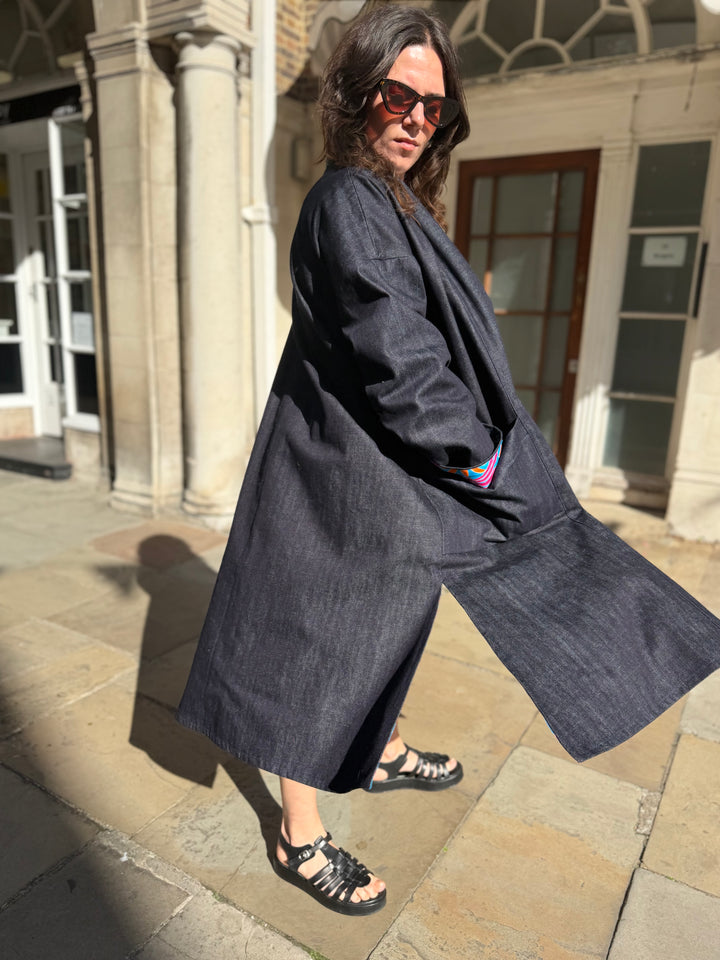 Hotel Tropicana Reversible Denim Coat featuring an Obi Belt