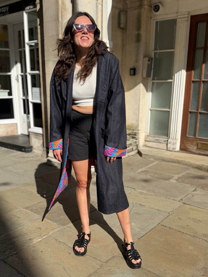 Hotel Tropicana Reversible Denim Coat featuring an Obi Belt