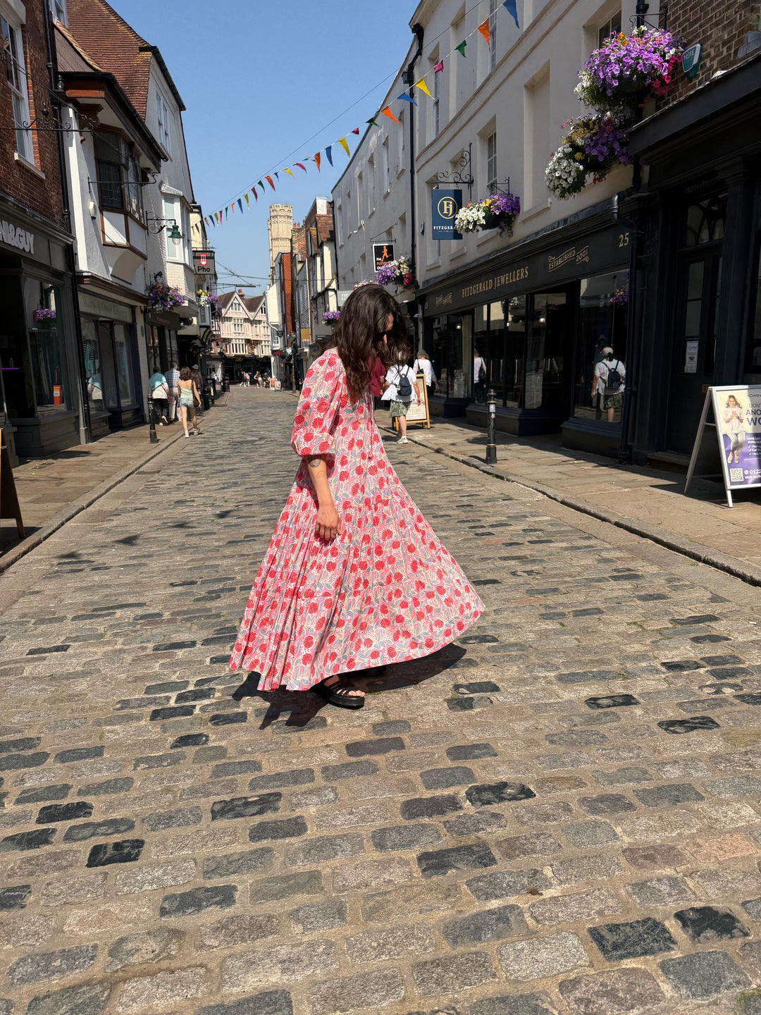 Pink Block Print Cotton Tiered Dress