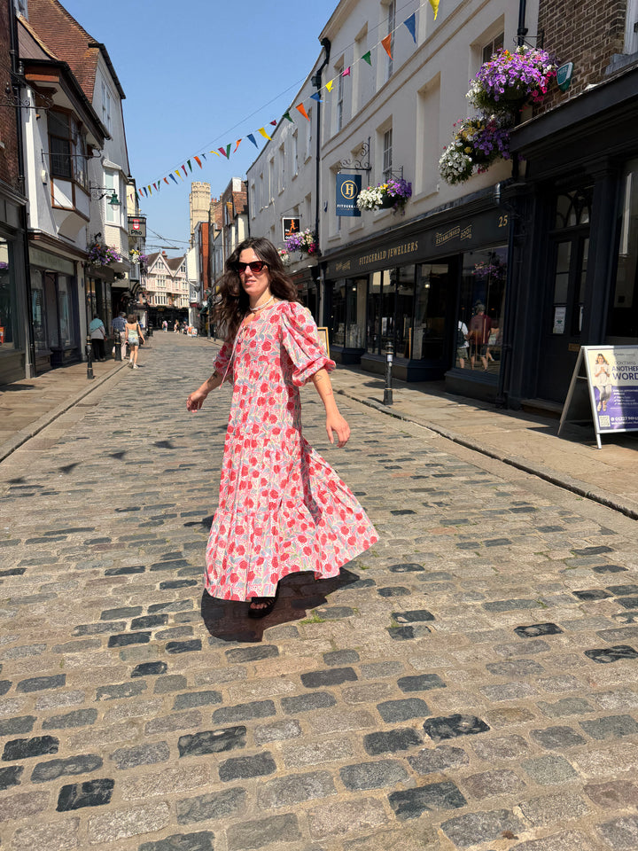 Pink Block Print Cotton Tiered Dress
