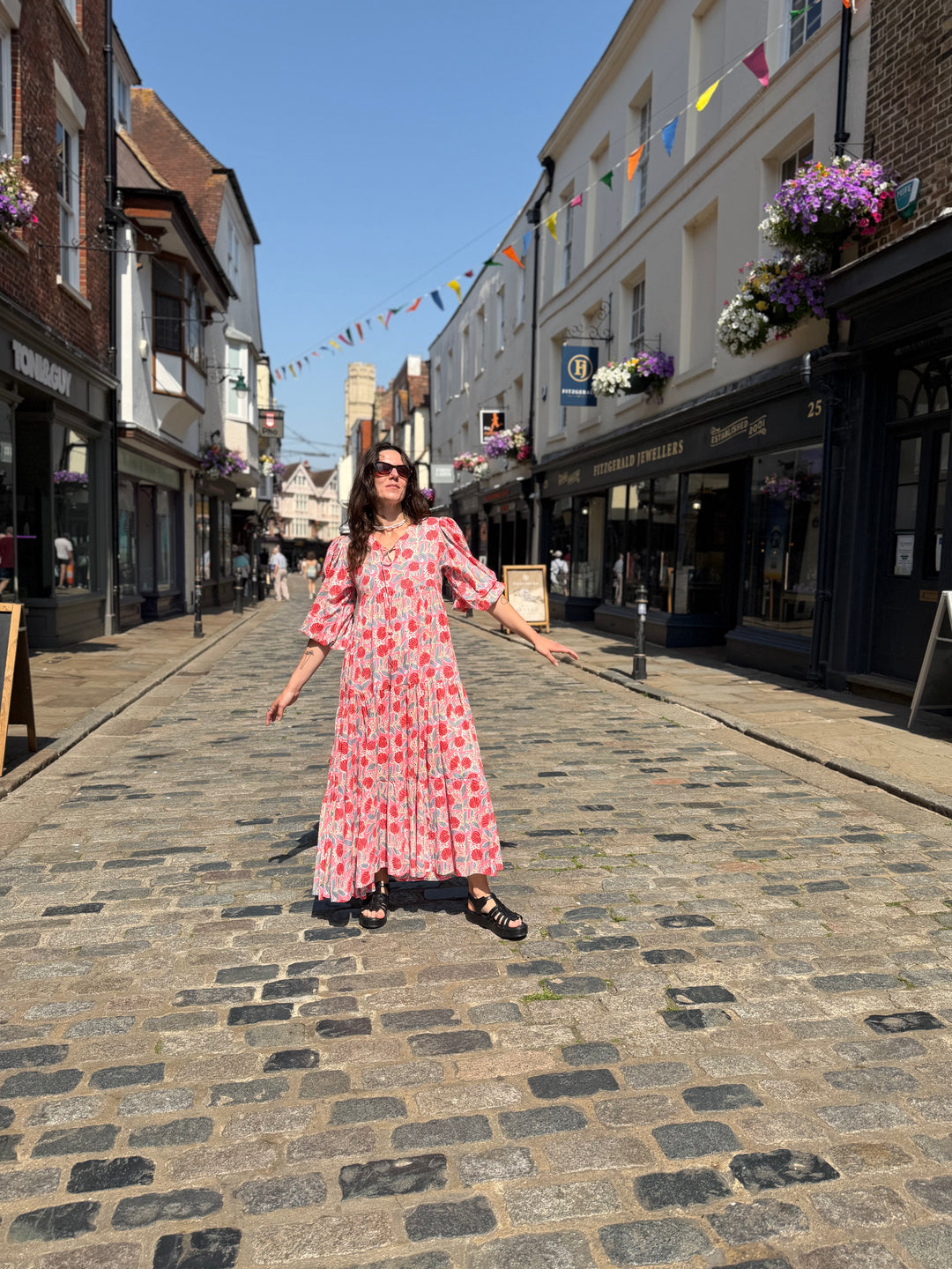 Pink Block Print Cotton Tiered Dress