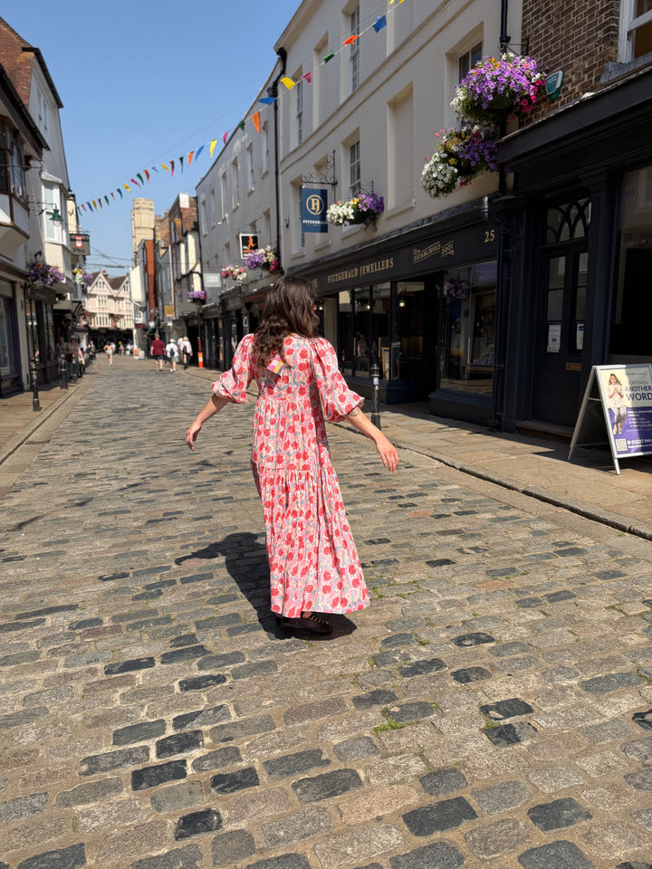 Pink Block Print Cotton Tiered Dress
