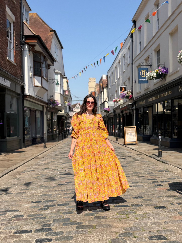 Yellow Screen Print Cotton Tiered Dress