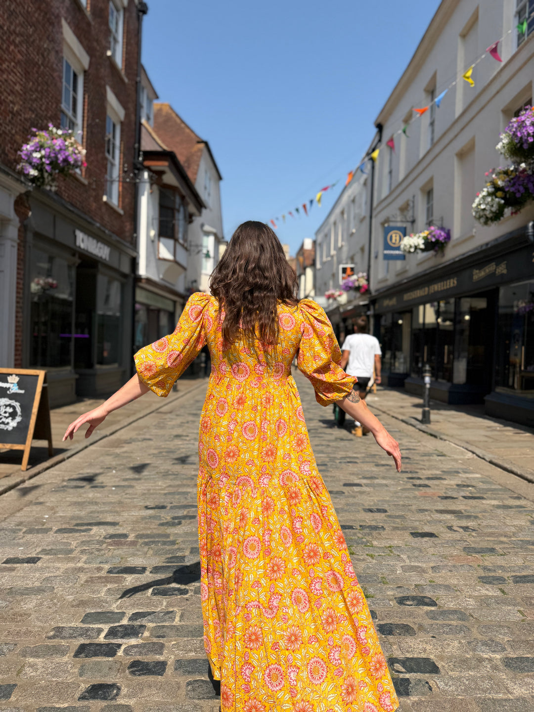 Yellow Screen Print Cotton Tiered Dress