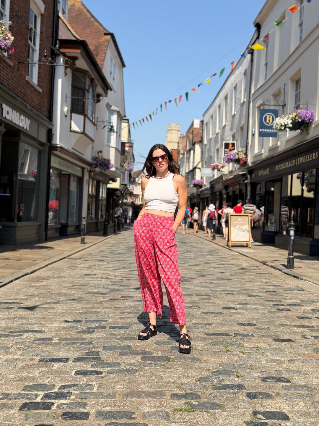 Pink And Orange Floral Kantha Tailored Cropped Trousers