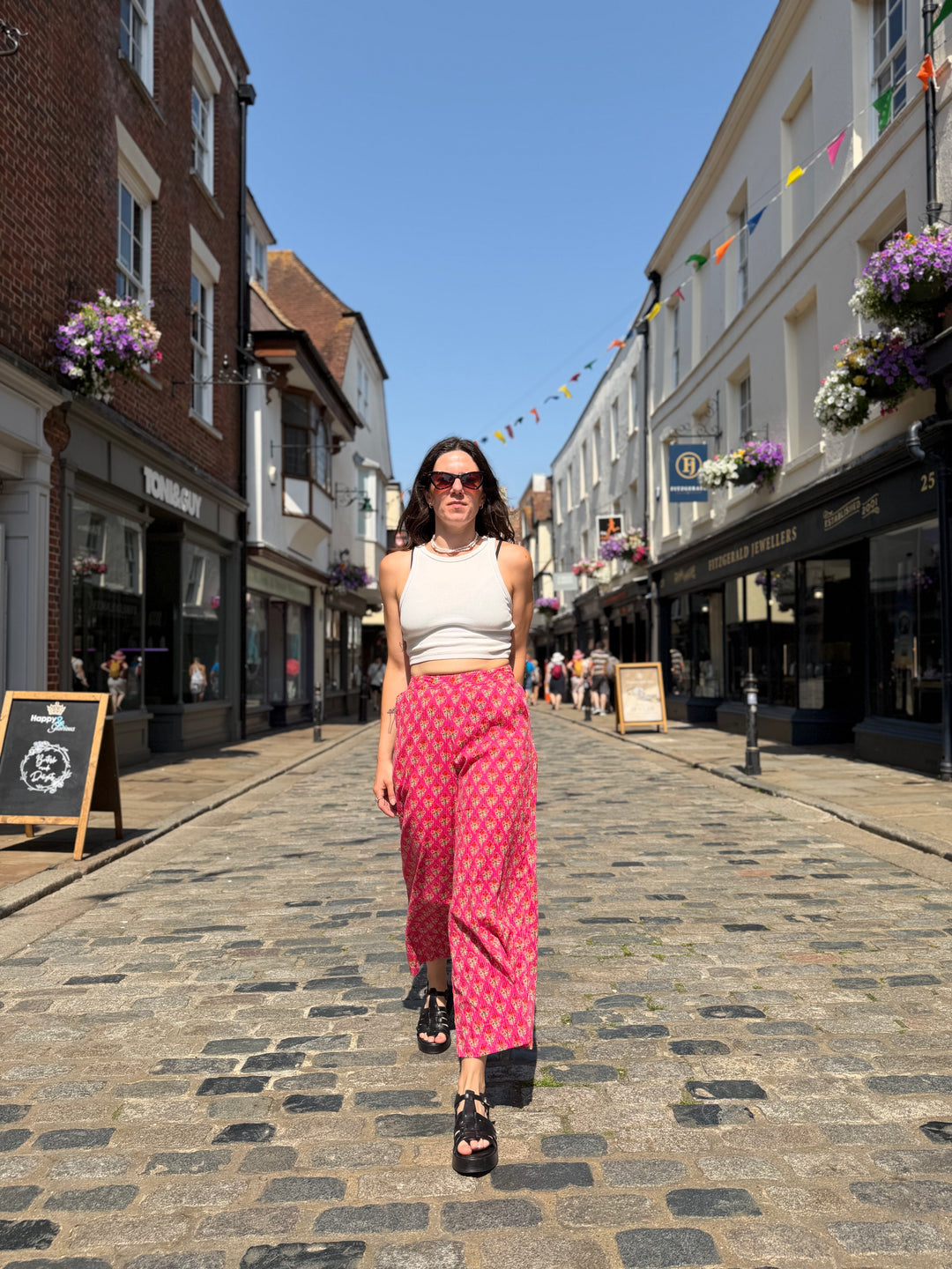 Pink And Orange Floral Kantha Tailored Cropped Trousers