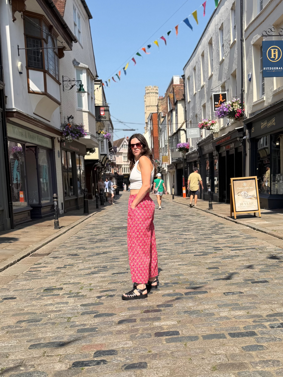 Pink And Orange Floral Kantha Tailored Cropped Trousers