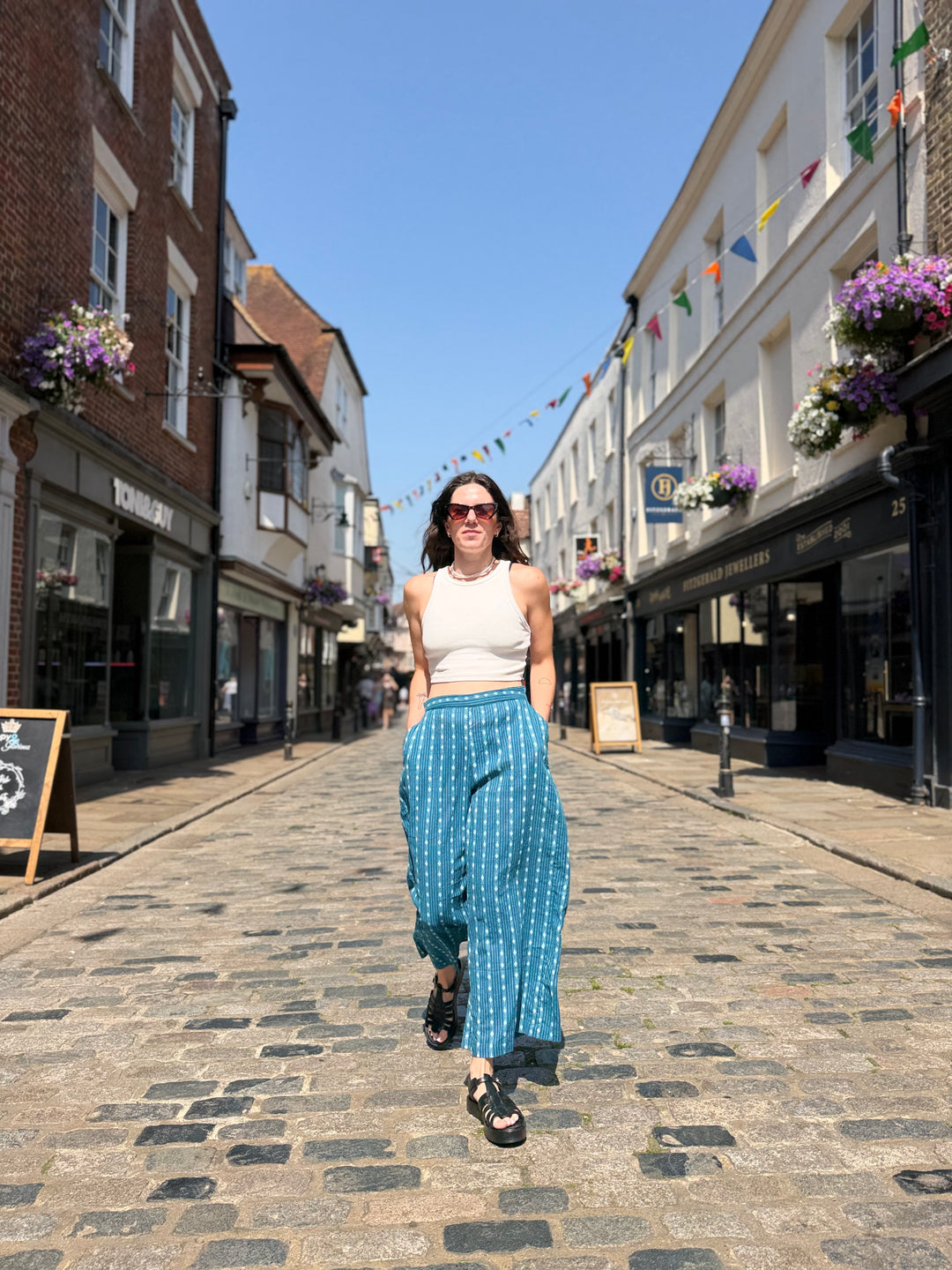 Blue Kantha Tailored Cropped Trousers