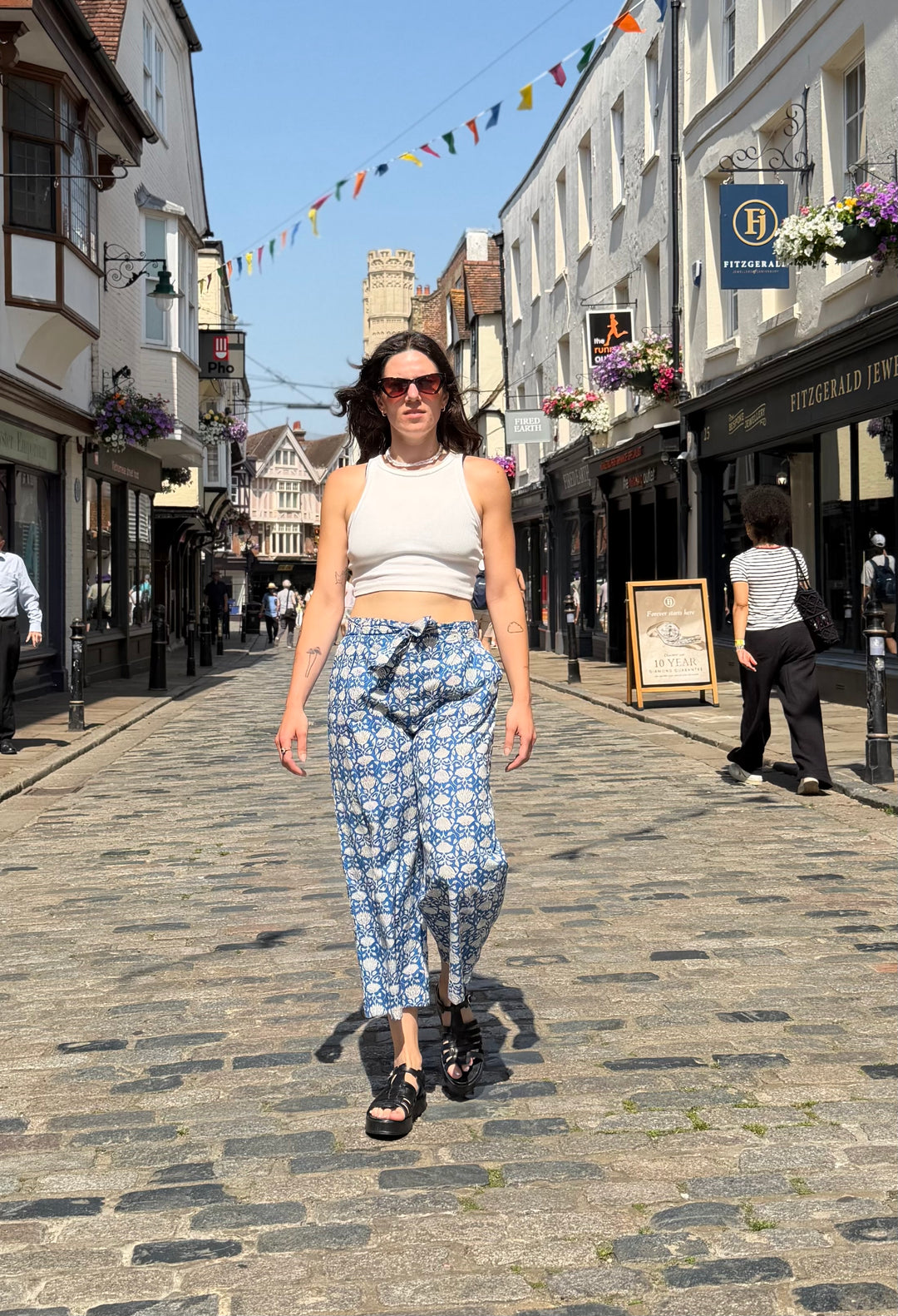 Blue White Floral Print Trousers