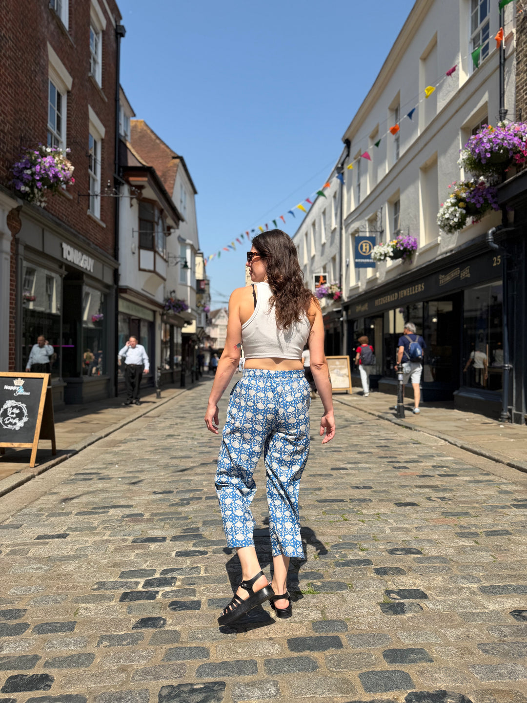 Blue White Floral Print Trousers