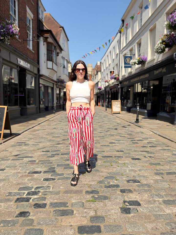 Red White Palm Tree Print Trousers
