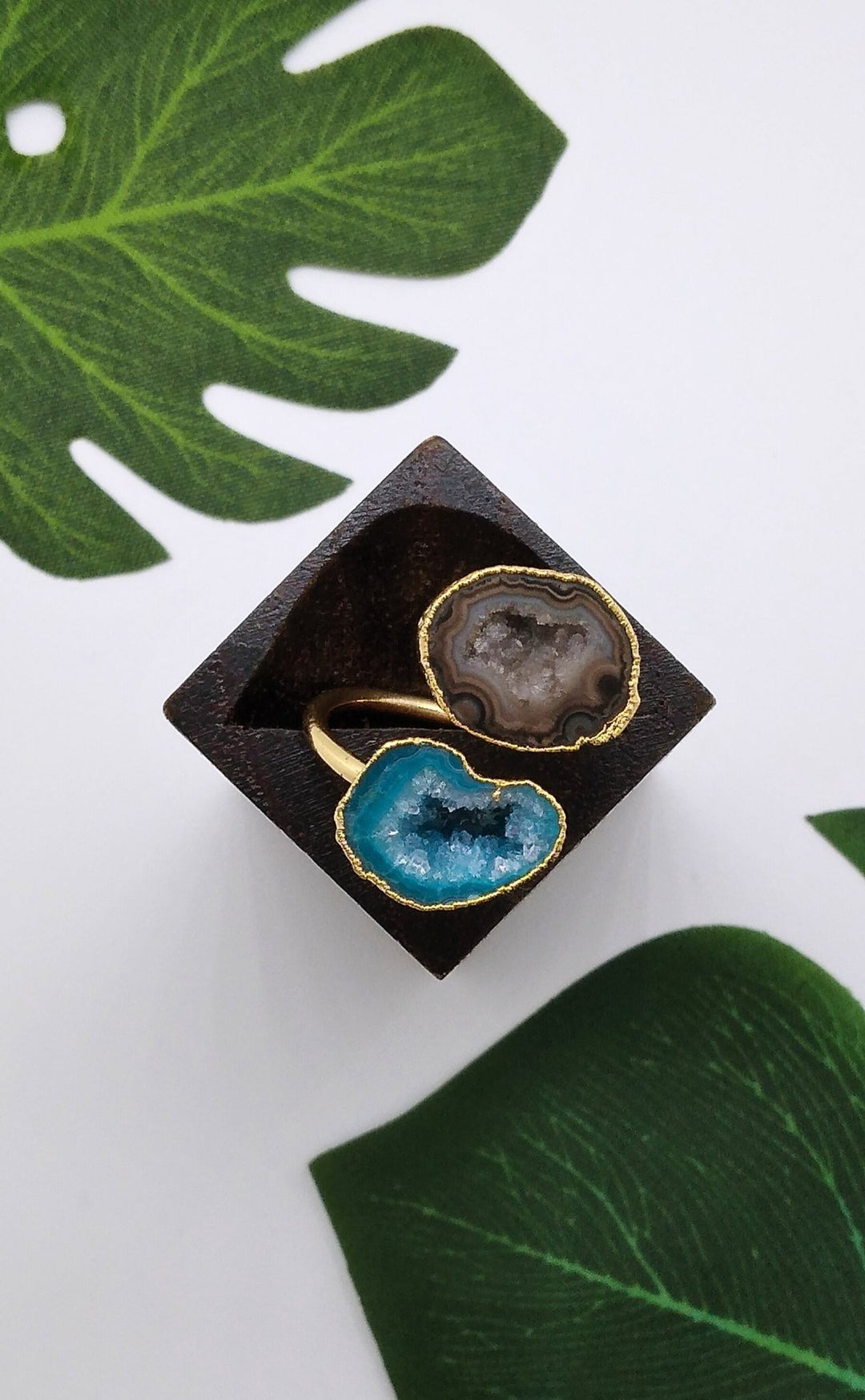 Aqua Blue and Black Double Geode Druzy Ring - Violet Elizabeth - Jewellery