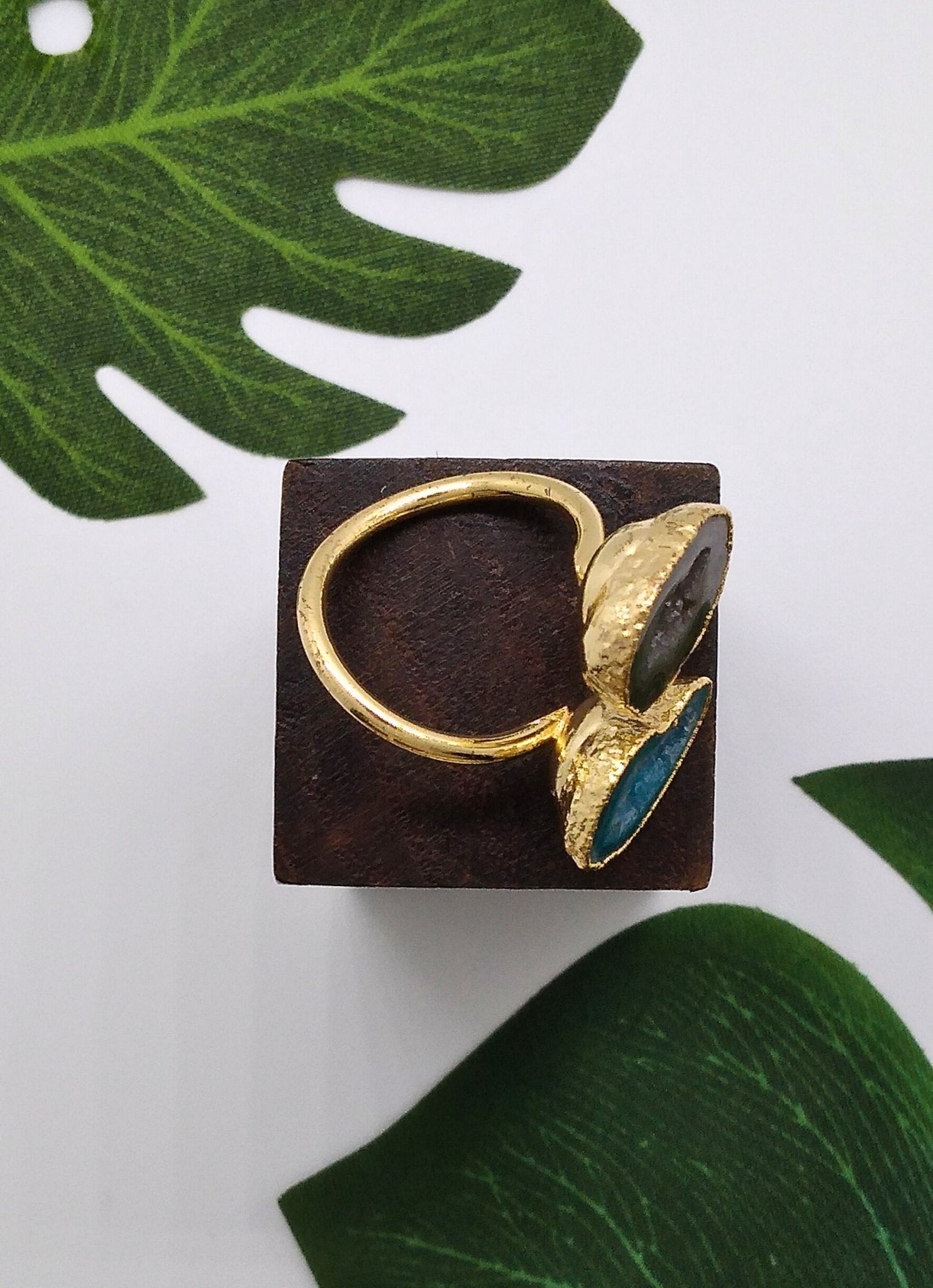 Aqua Blue and Black Double Geode Druzy Ring - Violet Elizabeth - Jewellery