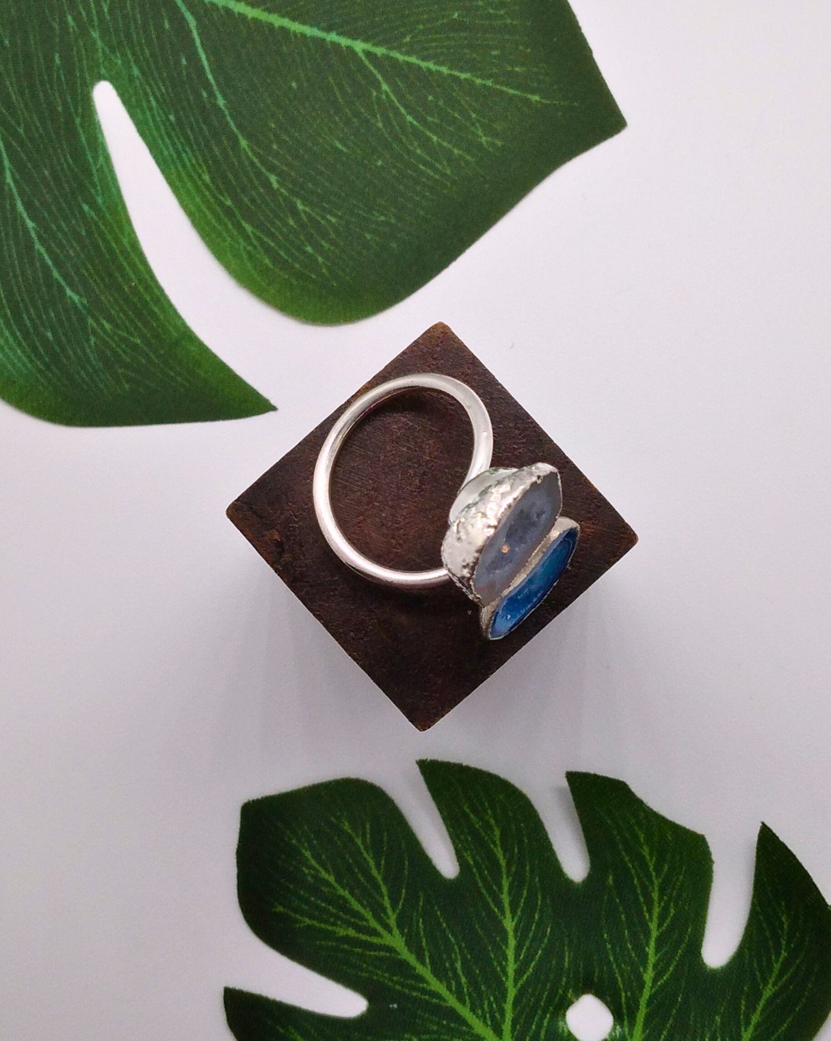 Aqua Blue and Black Double Geode Druzy Silver Ring - Violet Elizabeth - Jewellery