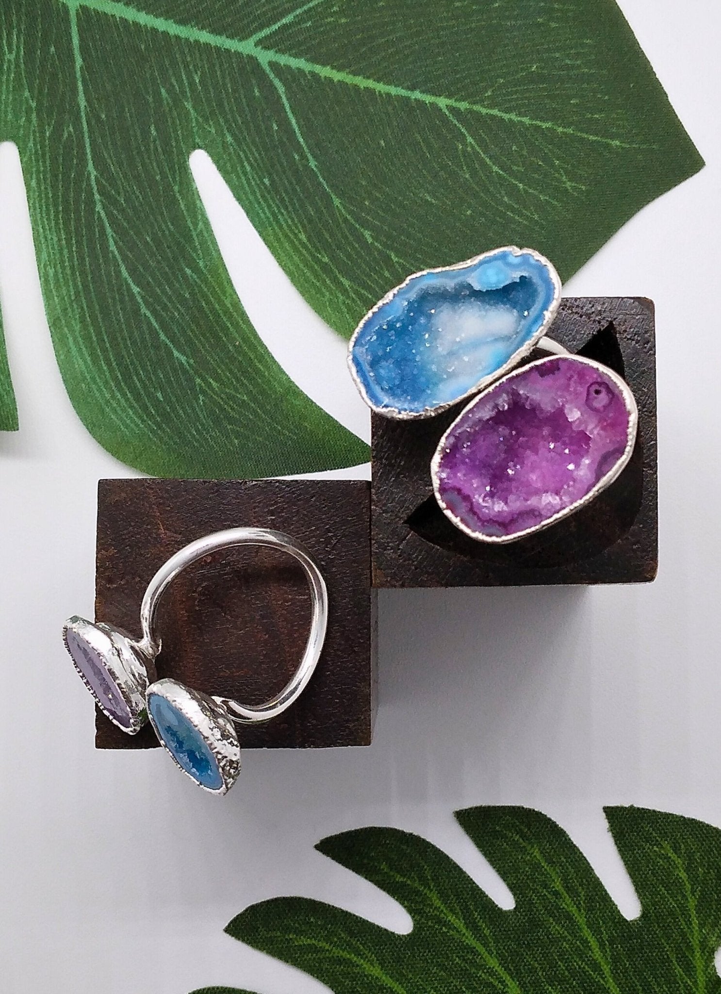 Aqua Blue and Magenta Double Geode Druzy Silver Ring - Violet Elizabeth - Jewellery