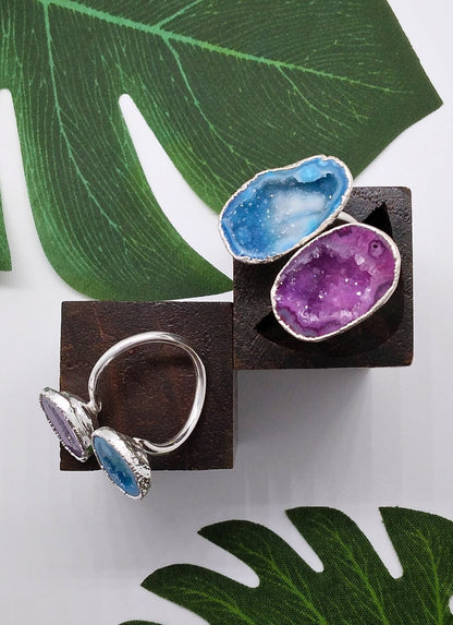 Aqua Blue and Magenta Double Geode Druzy Silver Ring - Violet Elizabeth - Jewellery
