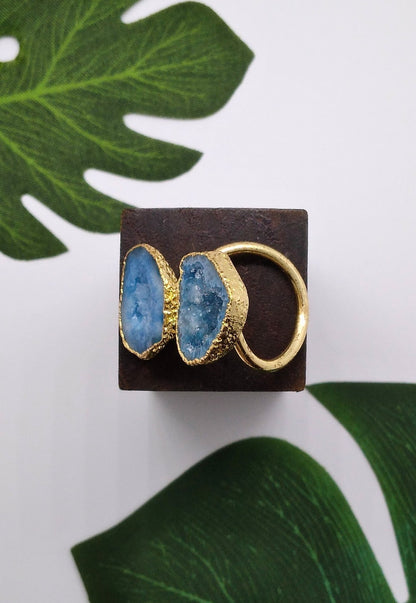 Aqua Blue Double Geode Druzy Ring - Violet Elizabeth - Jewellery
