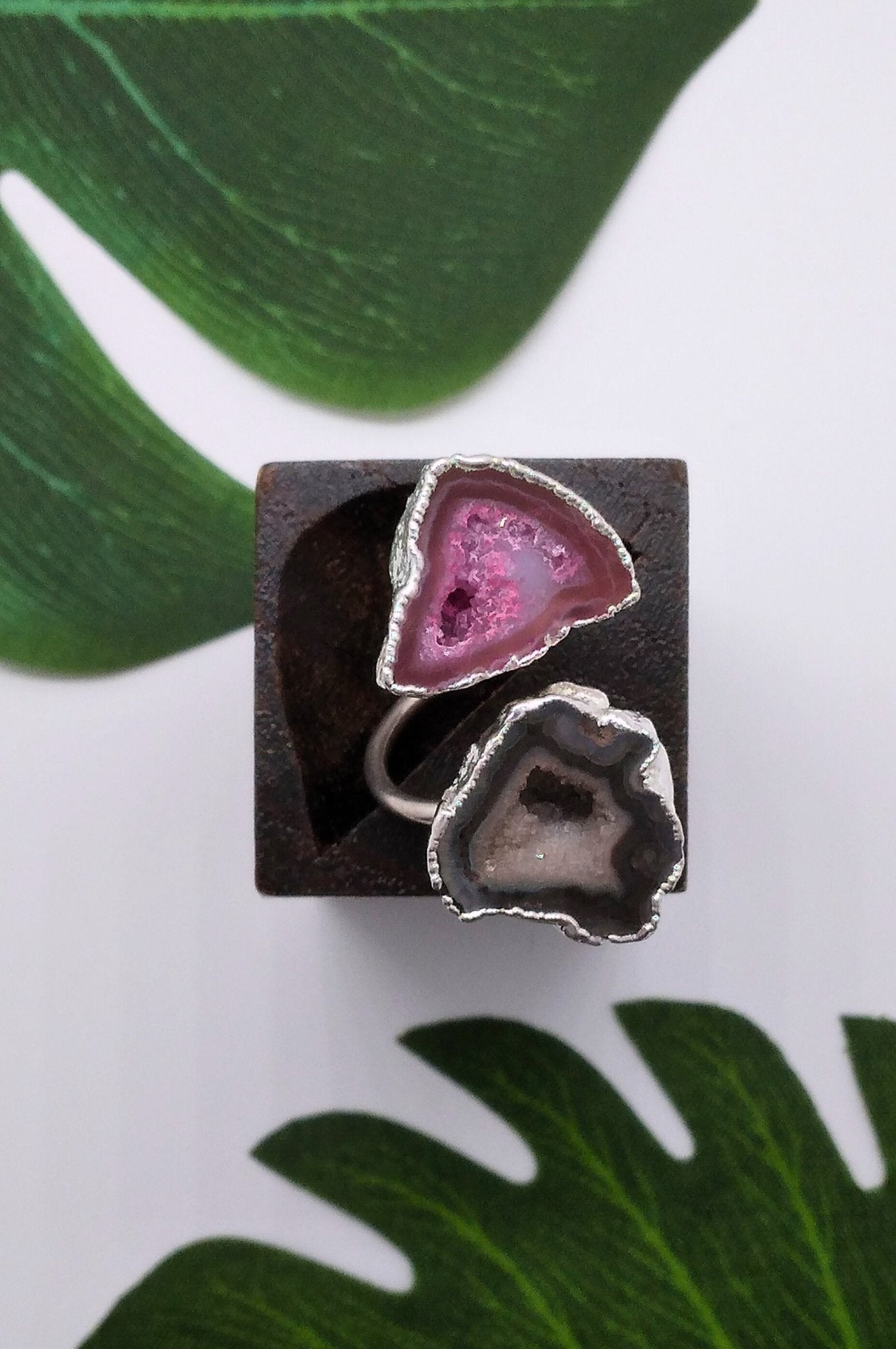 Black and Magenta Double Geode Druzy Silver Ring - Violet Elizabeth - Jewellery
