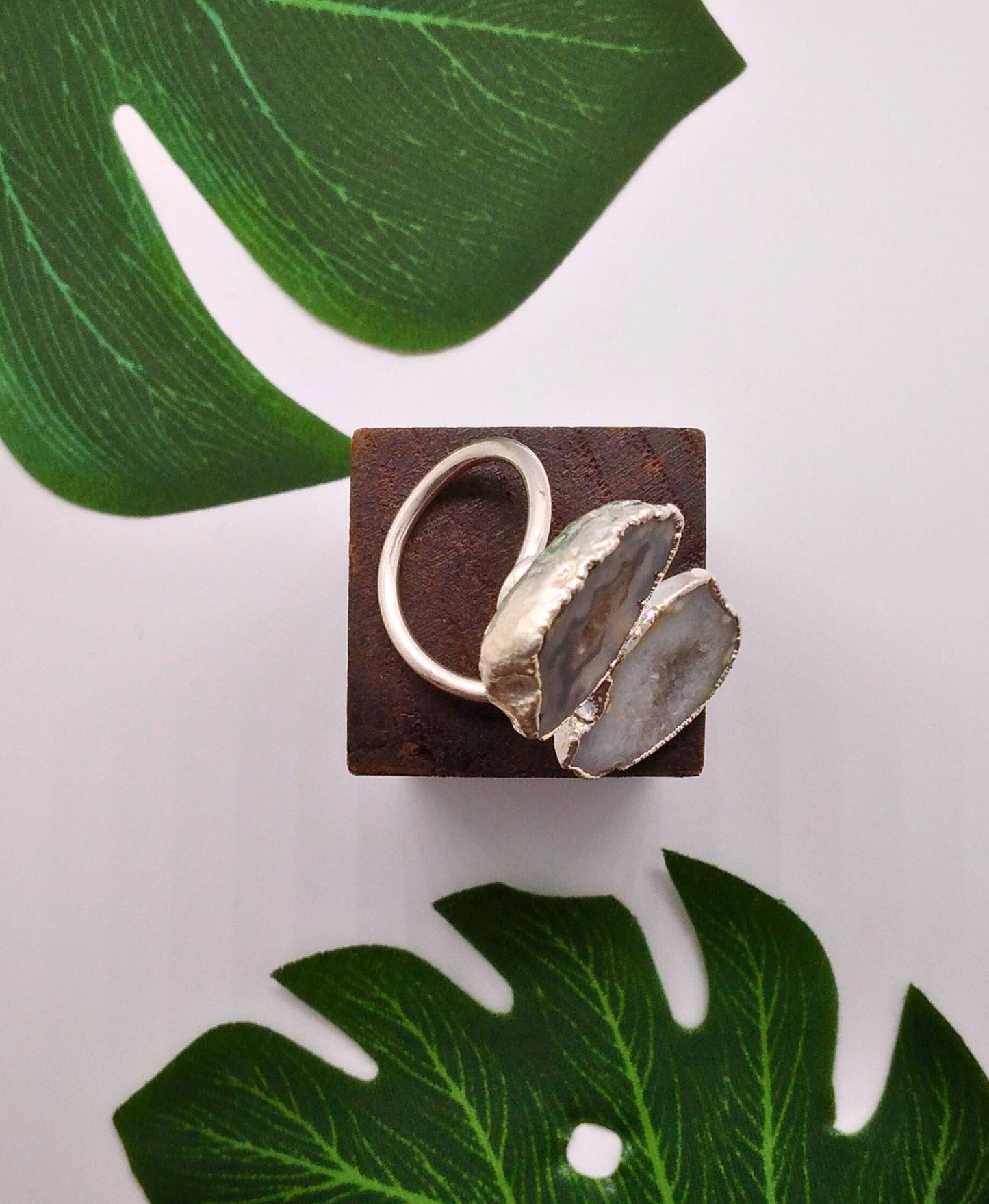 Black and Star Shine Double Geode Druzy Silver Ring - Violet Elizabeth - Jewellery