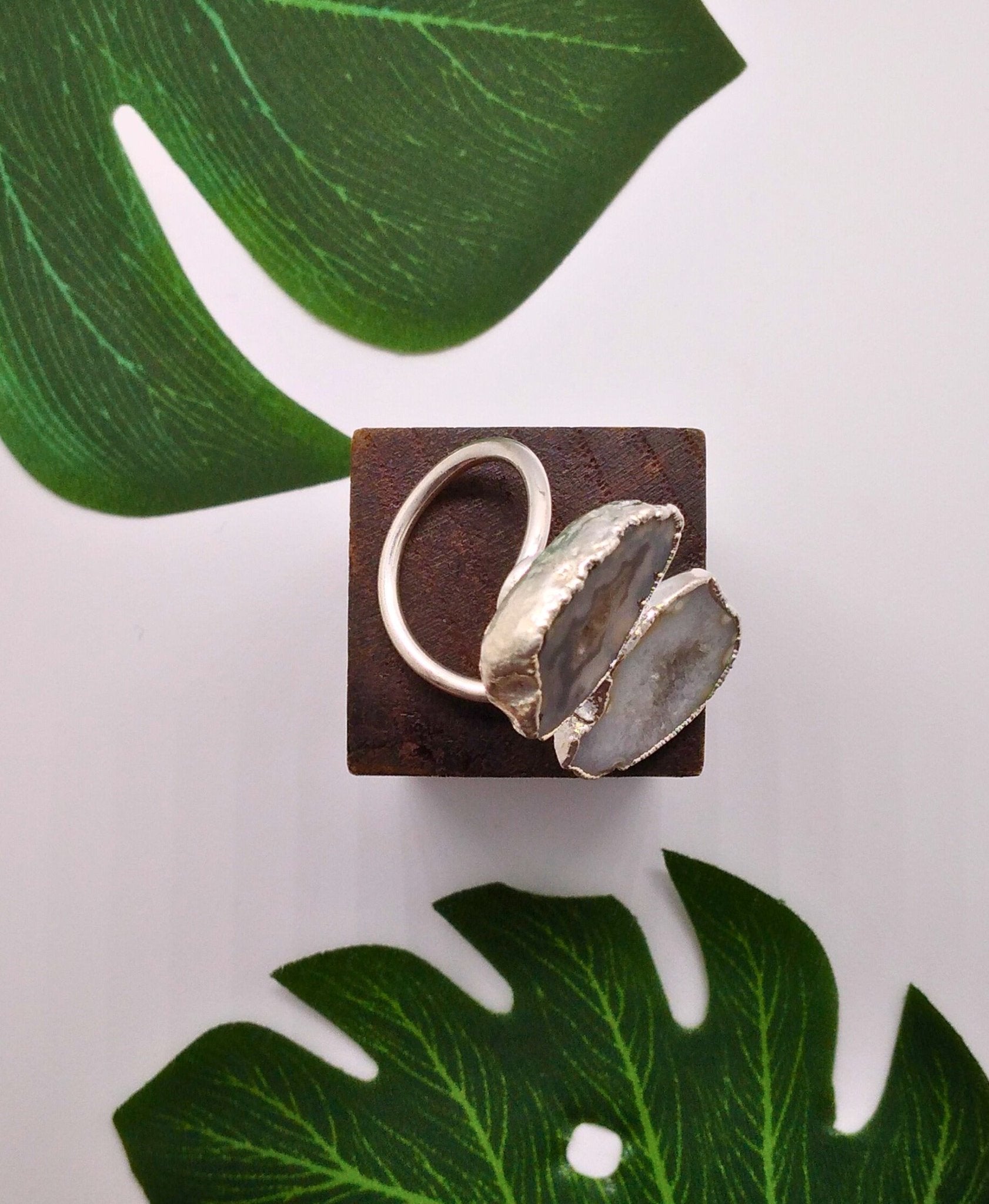 Black and Star Shine Double Geode Druzy Silver Ring - Violet Elizabeth - Jewellery