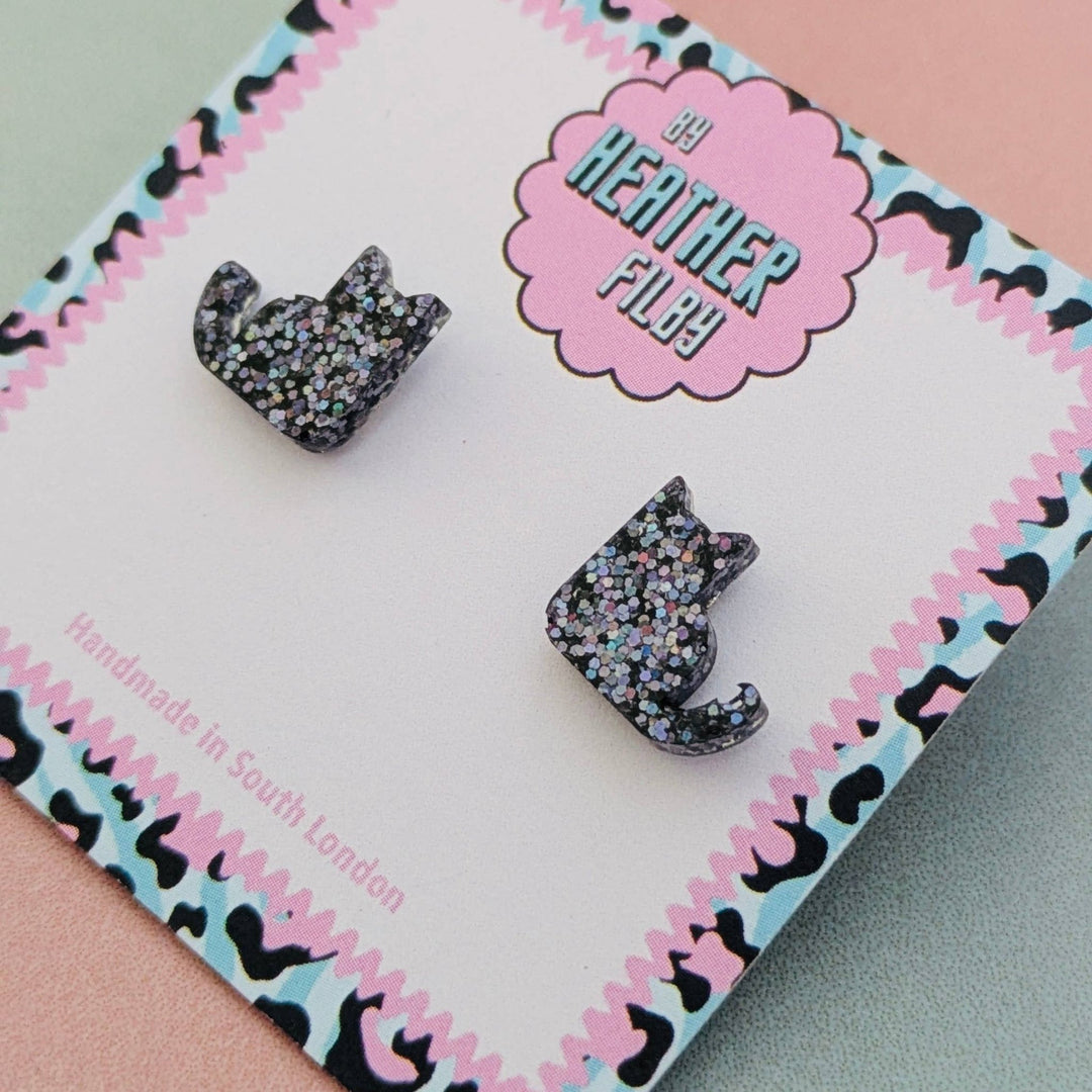 Black Cat Glitter Stud Earrings - Best Seller - Violet Elizabeth - Jewellery