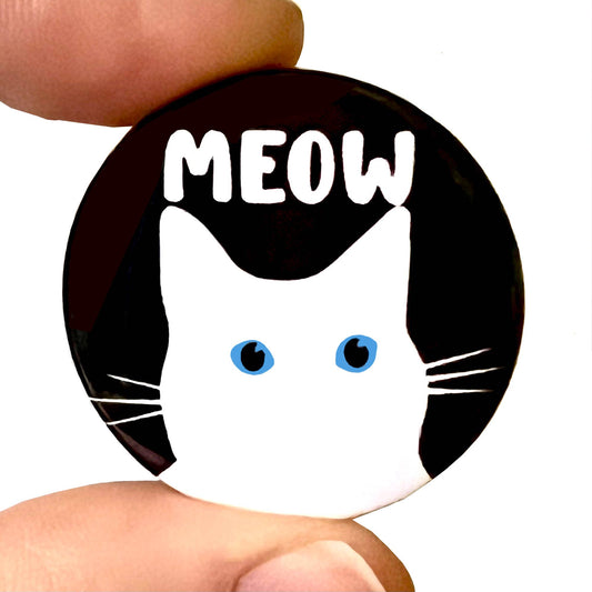 Black & White Cat Meow Button Pin Badge  - Violet Elizabeth - Jewellery