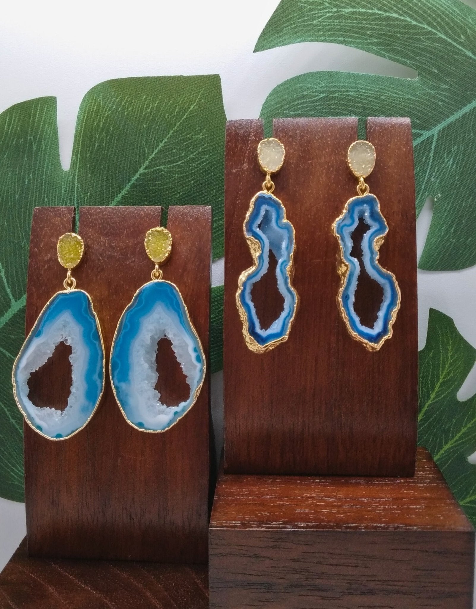 Blue Agate Slice and Yellow Sugar Druzy Drop Earrings - Violet Elizabeth - Jewellery