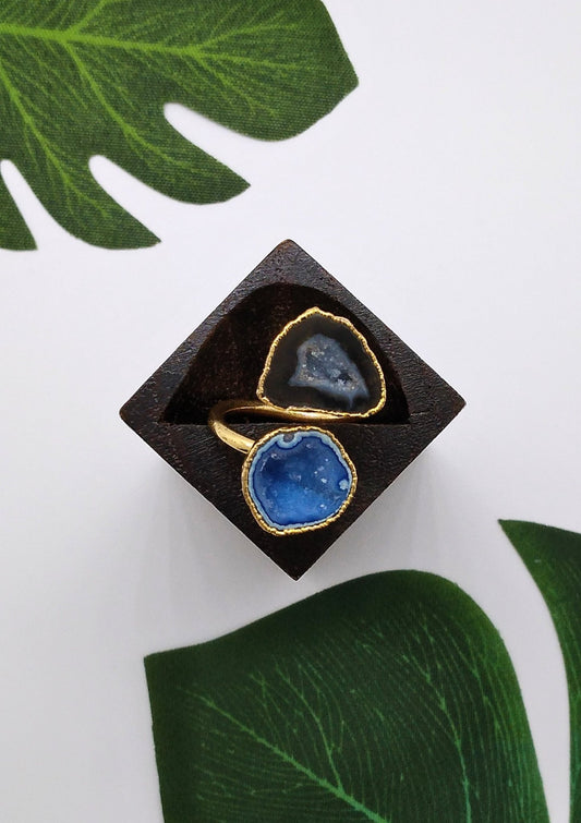 Blue and Black Double Geode Druzy Ring - Violet Elizabeth - Jewellery