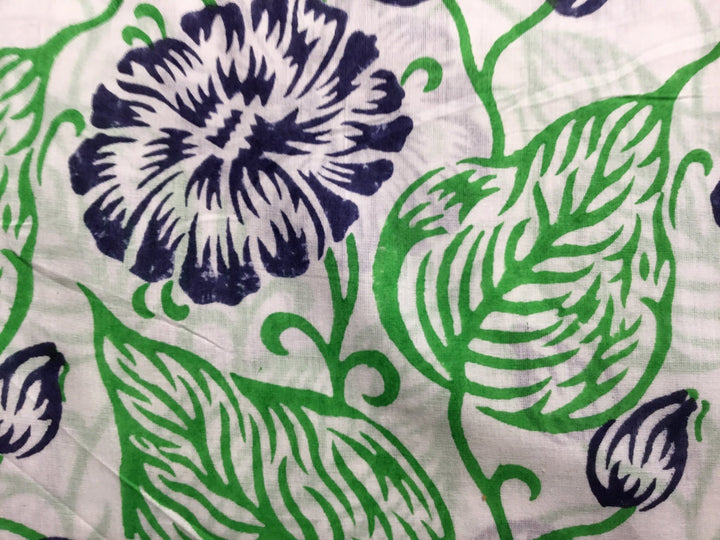 Blue And Green Line Print Block Printed Cotton Fabric