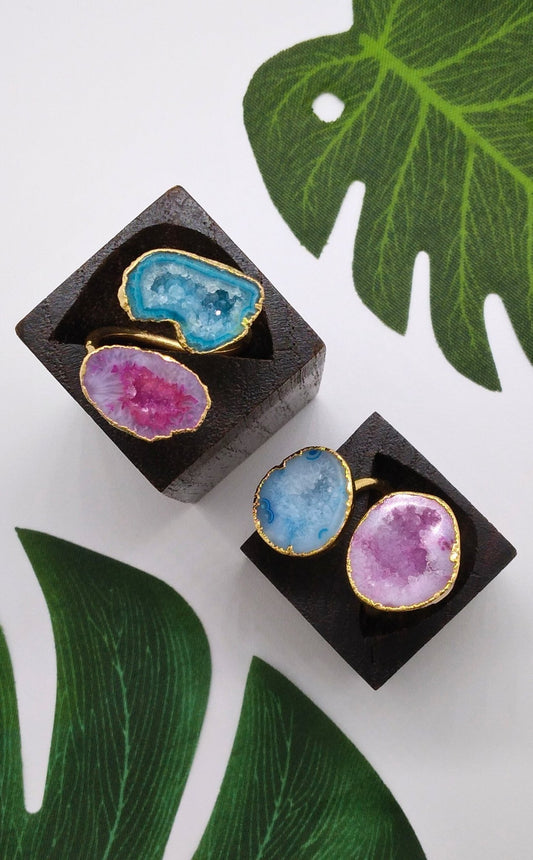 Blue and Magenta Double Geode Druzy Ring - Violet Elizabeth - Jewellery