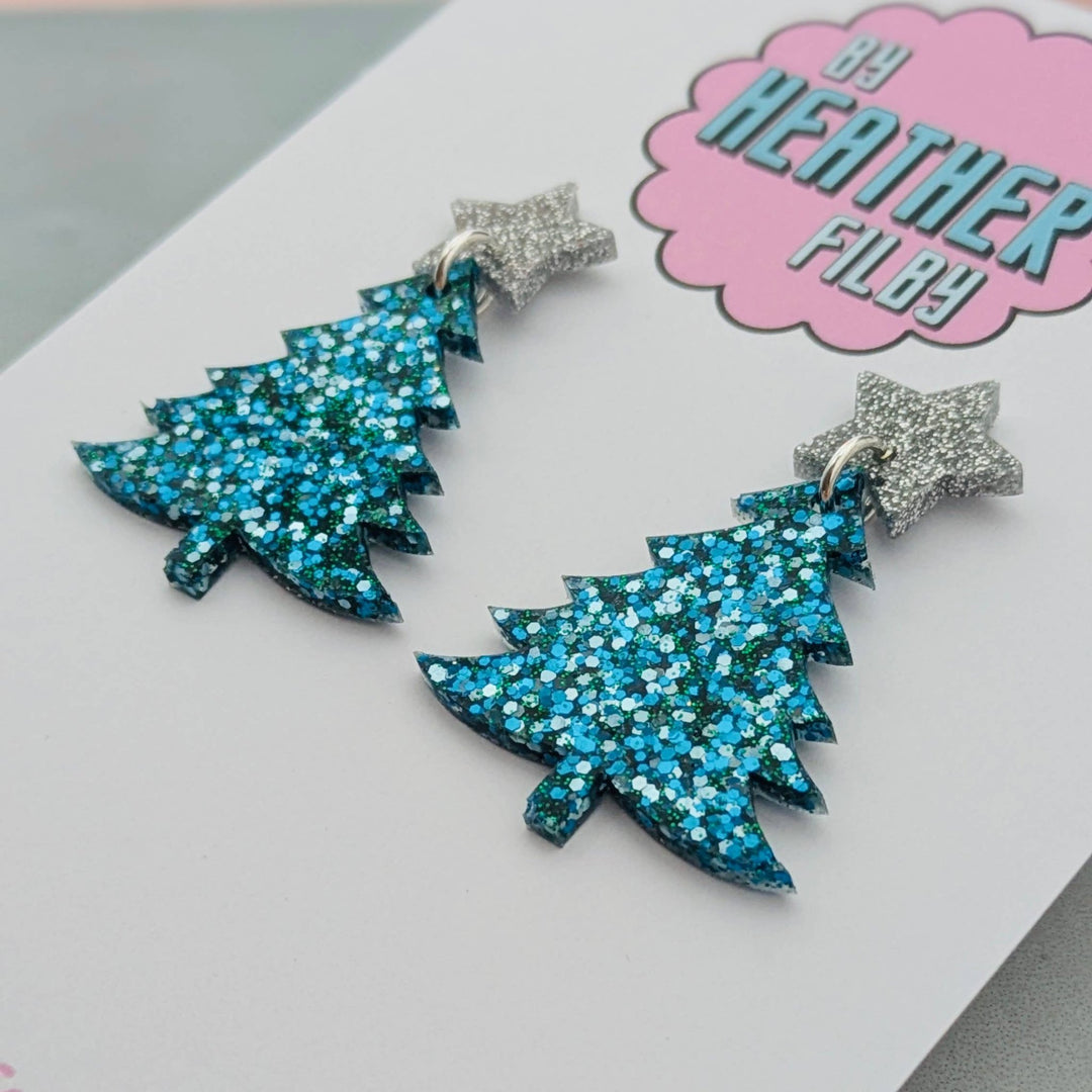 Blue and Silver Glitter Christmas Tree Earrings - Violet Elizabeth - Jewellery