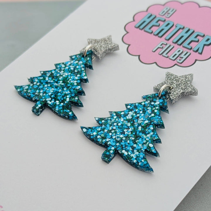 Blue and Silver Glitter Christmas Tree Earrings - Violet Elizabeth - Jewellery