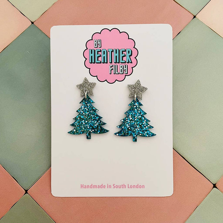 Blue and Silver Glitter Christmas Tree Earrings - Violet Elizabeth - Jewellery