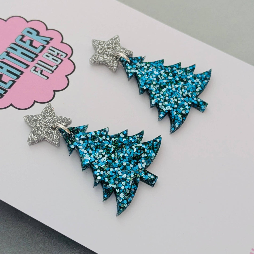 Blue and Silver Glitter Christmas Tree Earrings - Violet Elizabeth - Jewellery