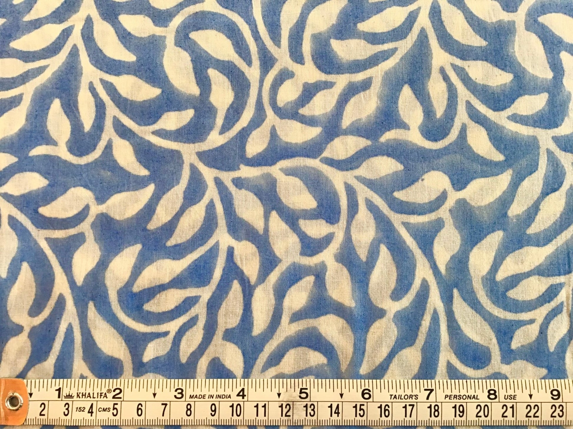 Blue leaf swirl print Block Printed Fabric - Violet Elizabeth - Haberdashery