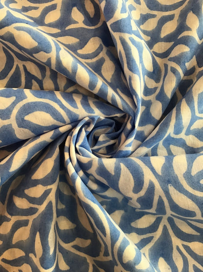 Blue leaf swirl print Block Printed Fabric - Violet Elizabeth - Haberdashery
