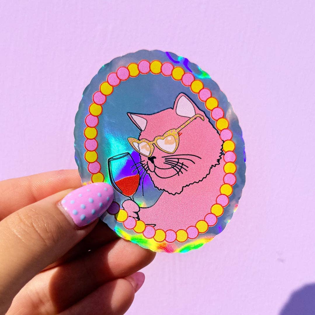 Cat Drinking Wine Holographic Sticker - Violet Elizabeth - 