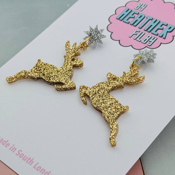 Christmas Gold Reindeer Glitter Earrings - Violet Elizabeth - Jewellery