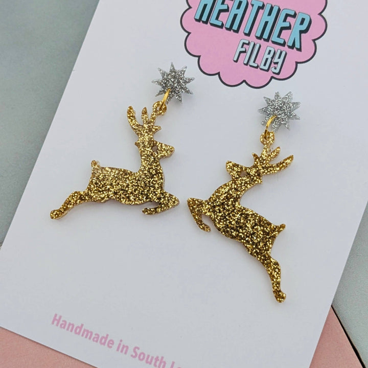 Christmas Gold Reindeer Glitter Earrings - Violet Elizabeth - Jewellery